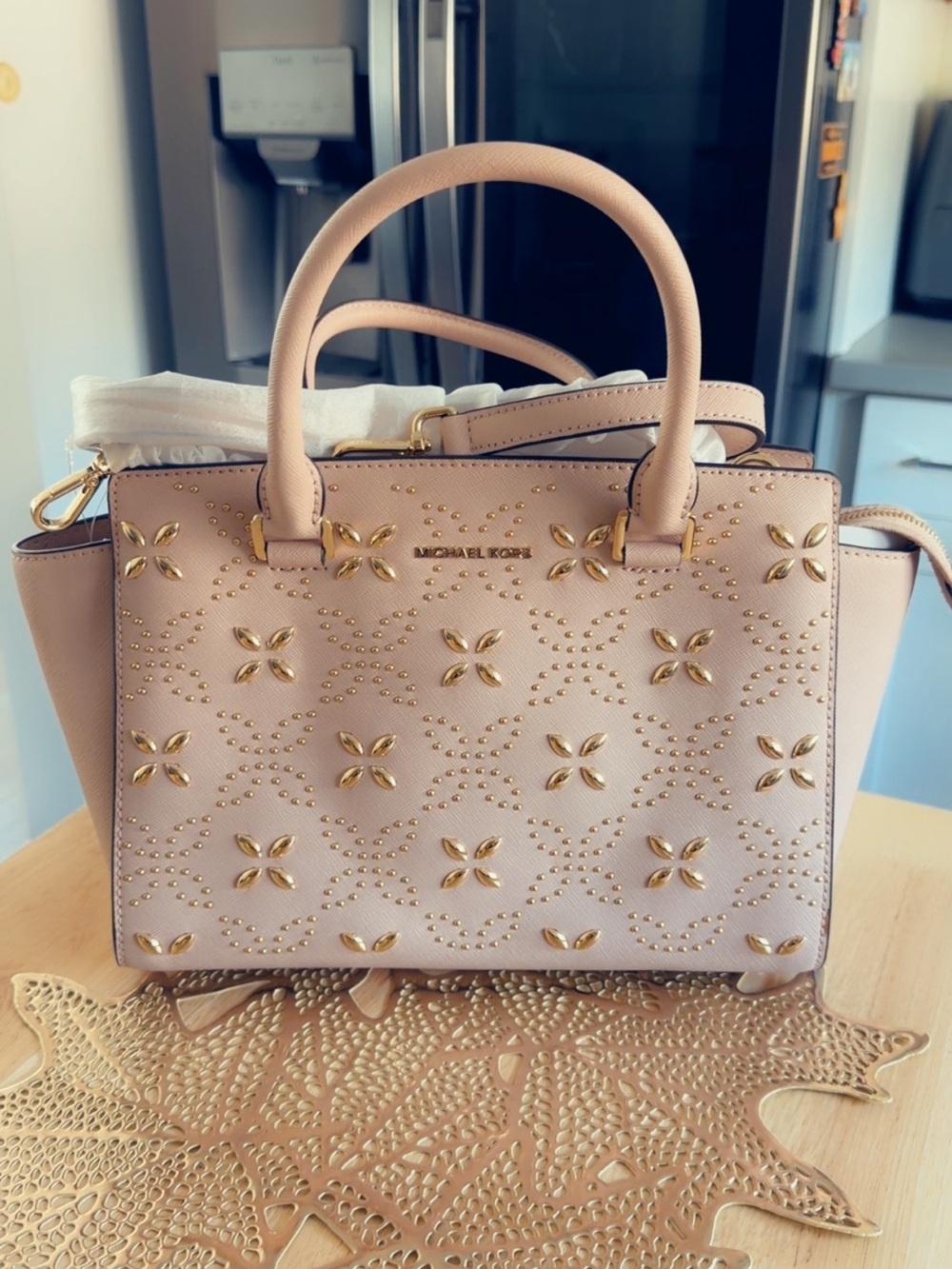 Michael Kors Blush Pink Pebbled Leather Studded Satchel